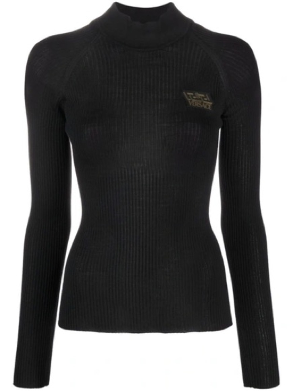 Versace Black Ribbed Turtleneck with Logo Patch
